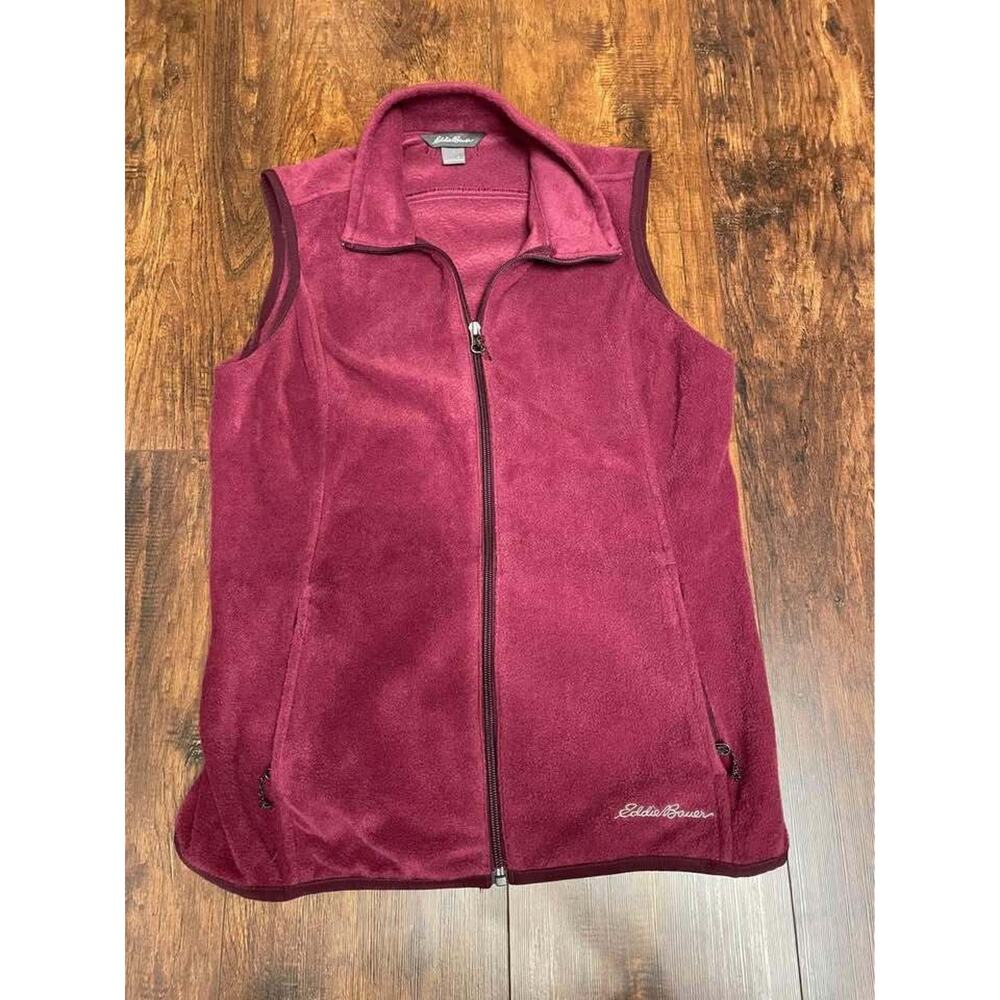 Eddie Bauer Women Small Maroon Fleece Vest Full Zip Pockets SOFT EUC